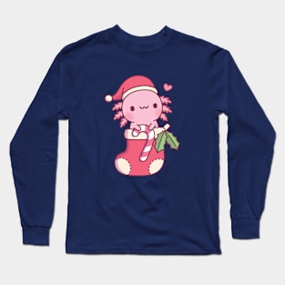 Cute Axolotl Holding Candy Cane In A Christmas Stocking Long Sleeve T-Shirt